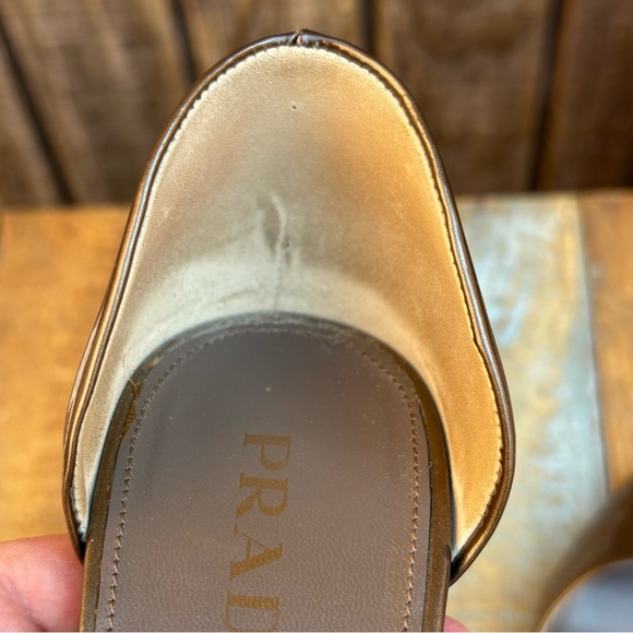 Prada Vero Cuoio Patent Brown Bronze Open Toe High Heels - Picture 16 of 16